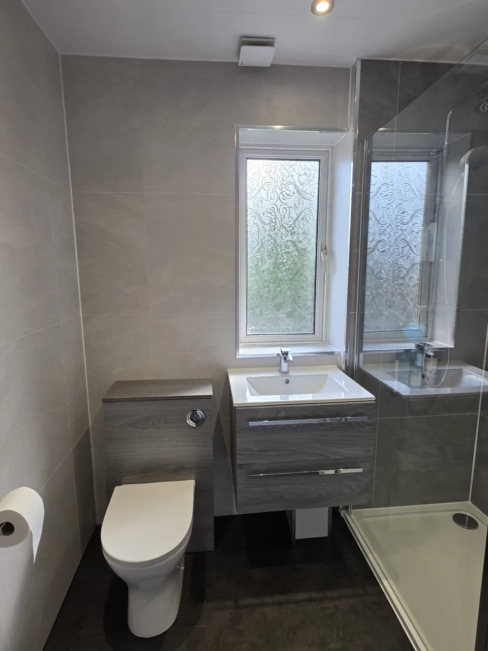 Grey vanity and toilet beside a glass shower screen